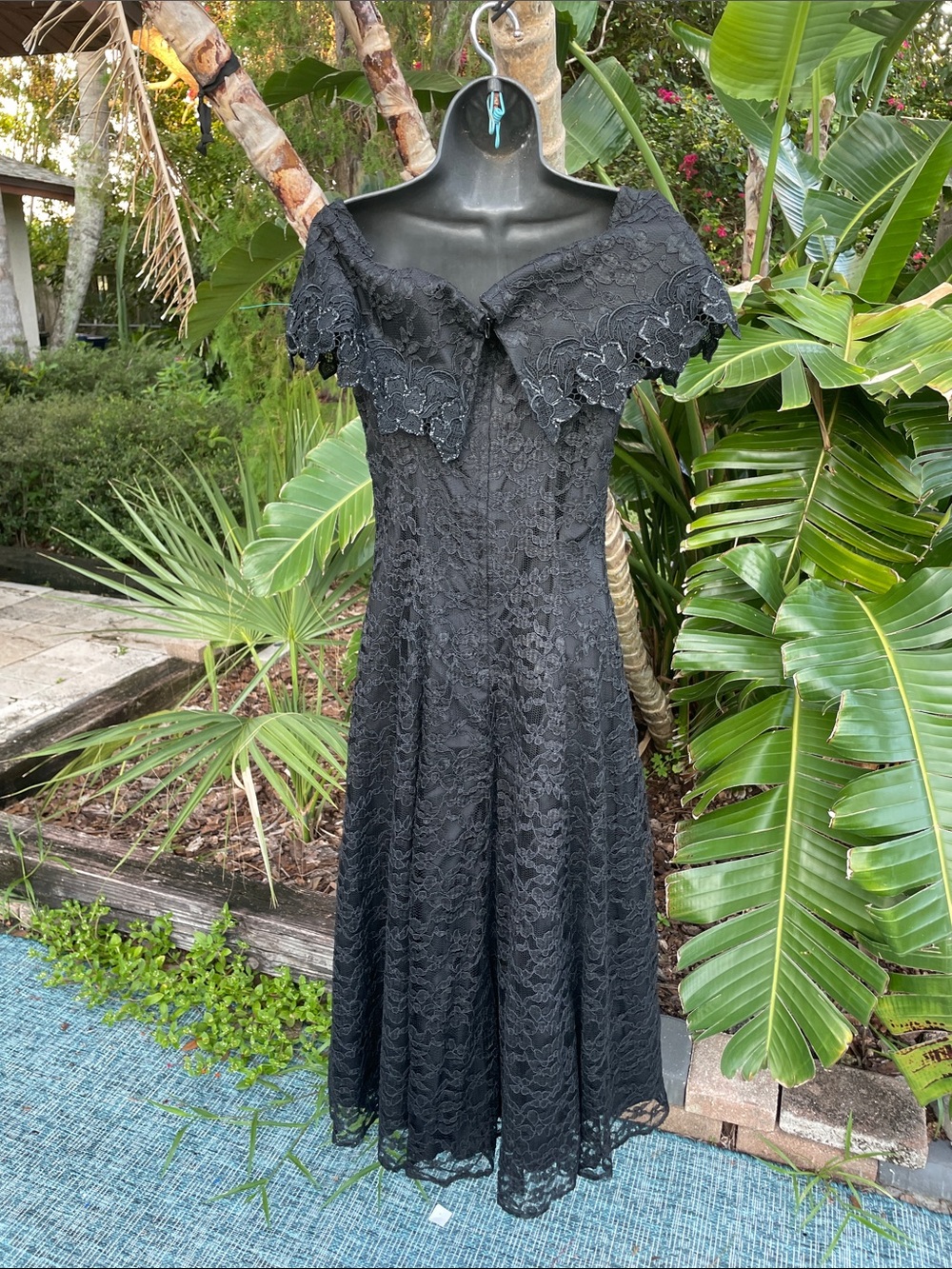lace vintage off the shoulder, midi dress with purple pearl beading - Picture 4 of 9
